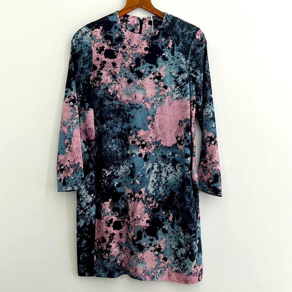 COS Blue Pink Cocoon Abstract Tie Dye Long Sleeved Midi Dress